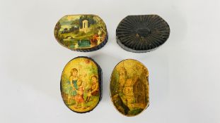 A GROUP OF 4 VINTAGE PAPIER MACHE SNUFF BOXES, 3 OF WHICH HAVE COLOURED LITHOGRAPH PANELS.
