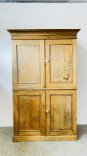 ANTIQUE WAXED PINE FOUR DOOR LARDER / CUPBOARD WITH SHELVED INTERIOR,