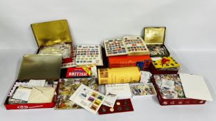 STAMPS: ALL WORLD IN TWO BOXES, TINS OF LOOSE, GB MINT IN STOCKBOOK,