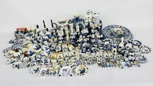 5 X BOXES CONTAINING AN EXTENSIVE COLLECTION OF DELFT TO INCLUDE BELLS, CLOGS, CABINET ORNAMENTS,