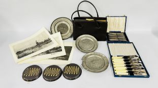 A BOX OF COLLECTIBLES TO INCLUDE PEWTER PLATES AND CASED CUTLERY,