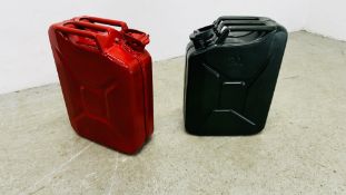 TWO 20L JERRY CANS (GREEN AND RED).