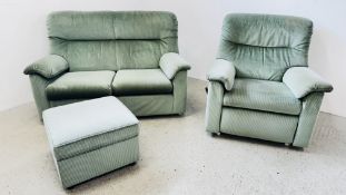 GREEN UPHOLSTERED TWO PIECE LOUNGE SUITE COMPRISING RECLINER AND TWO SEATER PLUS MATCHING POUFFE.