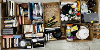 12 BOXES OF SUNDRIES TO INCLUDE TESCO TWO SLICE TOASTER, COOKWARE, CHALLENGE FAN HEATERS,