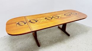 A RETRO DANISH TEAK FINISH EXTENDING DINING TABLE WITH CENTRED TILES AND TWO LEAVES,