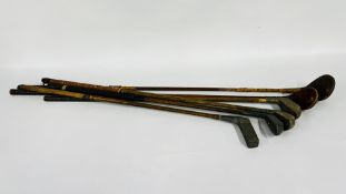 3 X ANTIQUE STANDARD GOLF CO MILLS GOLF CLUBS AND 3 OTHERS - SOME SIGNED.
