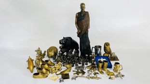 A GROUP OF BRASS ORNAMENTS, VARIOUS METAL KNIGHT FIGURES, HARDWOOD LION AN SOUL JOURNEYS FIGURE.