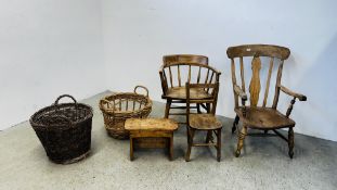 THREE ANTIQUE CHARACTER CHAIRS TO INCLUDE WINDSOR ELM SEATED CHAIR, ELM SEATED BOW CHAIR,
