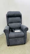 DENIM BLUE UPHOLSTERED ELECTRIC RISE AND RECLINE EASY CHAIR WITH USB CHARGING POINTS - SOLD AS SEEN.