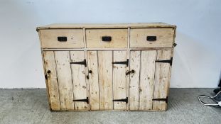ANTIQUE RUSTIC STRIPPED PINE THREE DRAWER DRESSER BASE WITH CUPBOARDS BELOW,