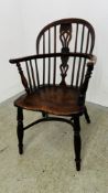 A GEORGIAN YEW WOOD WINDSOR ELBOW CHAIR CRINOLINE STRETCHER (THE SEAT ELM).