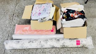 2 X BOXES CONTAINING AN ASSORTMENT OF MATERIAL OFFCUTS ALONG WITH 3 ROLLS OF MATERIAL.
