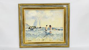 ORIGINAL OIL ON BOARD BEACH SCENE BEARING SIGNATURE CHATTEN W 59CM X H 49CM (INCLUDING FRAME W 81.