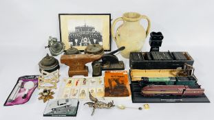 BOX OF COLLECTABLE ITEMS TO INCLUDE POTTERY URN, PRESS, LAMPS, COMPASS, SLIDES ETC.