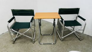 2 X ALUMINIUM FOLDING CAMPING CHAIRS PLUS FOLDING OCCASIONAL TABLE.
