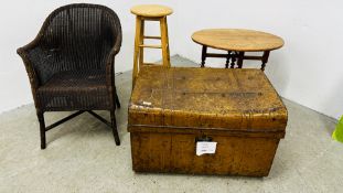 A LARGE TIN TRUNK, WOVEN CHAIR, BEECHWOOD STOOL AND BARLEY TWIST LEG OCCASIONAL TABLE.