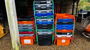 31 X HEAVY DUTY STACKING STORAGE BOXES.