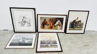A GROUP OF 5 HORSE RACING AND JOCKEY PRINTS TO INCLUDE LIMITED EDITION SIGNED EXAMPLES ETC.