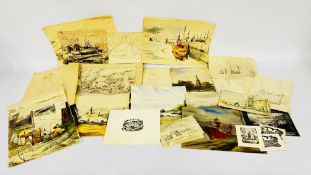 A GROUP OF WORKS BY DEREK EXELL TO INCLUDE WATERCOLOURS, WOOD CUTS AND PENCIL SKETCHES ETC.