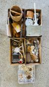 4 BOXES OF MIXED DECORATIVE EFFECTS TO INCLUDE WOODEN DUCK, SKULL, MUSICAL INSTRUMENTS, ROCKS,