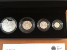 COINS: 2011 UK BRITANNIA FOUR COIN SILVER PROOF SET IN CASE WITH CERTIFICATE.