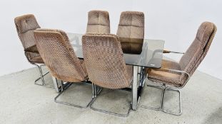 A RETRO DINING SET COMPRISING OF A RECTANGULAR CHROME FRAMED DINING TABLE WITH SMOKED GLASS TOP 180