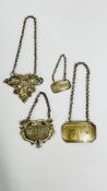 THREE SILVER SPIRIT DECANTER LABELS TO INCLUDE RUM & 2 X BRANDY,