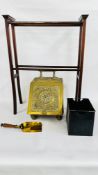 A VICTORIAN BRASS COAL SCUTTLE AND AN EDWARDIAN INLAID TOWEL RAIL.