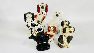 A GROUP OF 4 STAFFORDSHIRE SPANIELS (2 A/F) + A FURTHER PAIR AND A COW.