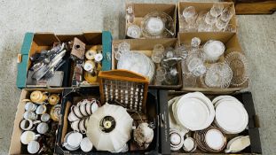 4 X BOXES OF ASSORTED SUNDRY CHINA TO INCLUDE LOOSE AND CASED CUTLERY, DRESSING TABLE SET,