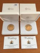 COINS: 2011 ROYAL WEDDING GOLD PLATED SILVER PROOF £5 IN CASE WITH CERTIFICATE, TWO EXAMPLES.