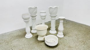 QUANTITY OF MODERN WHITE GLAZED PLANTERS WITH STANDS.
