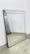 A LARGE DESIGNER FRAMELESS WALL MIRROR, 120CM X 94CM.
