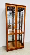 A FULL HEIGHT CHERRY WOOD FINISH 2 DOOR DISPLAY CABINET, W 80CM, D 34CM, H 182CM.