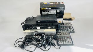 A COLLECTION OF AUDIO AND VISUAL EQUIPMENT TO INCLUDE A BEHRINGER XENYX 802, HDMI SPLITTER,