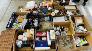 18 X BOXES OF HOUSEHOLD SUNDRY CHINA AND GLASSWARE, WICKER BASKET, PUZZLES, BOXED GLASS,