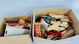 2 X BOXES CONTAINING A QUANTITY OF BRIO STYLE WOODEN RAILWAY, TRAINS AND CARRIAGES, ETC.