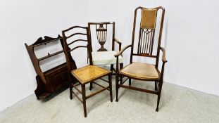AN EDWARDIAN MAHOGANY STRUNG BACK ELBOW CHAIR, MAHOGANY ELBOW CHAIR WITH UPHOLSTERED SEAT,