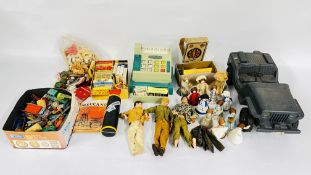 A BOX OF VINTAGE TOYS TO INCLUDE DIE-CAST MODEL VEHICLES, PALITON ACTION MAN FIGURES,