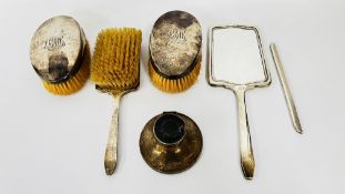 A VINTAGE SILVER BACKED DRESSING TABLE MIRROR AND BRUSH + A COMB MOUNT,