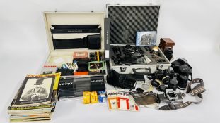 TWO ALUMINIUM FLIGHT CASES AND BOX CONTAINING MAINLY SLR CAMERA EQUIPMENT TO INCLUDE ROLLEICORD BOX