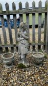 TWO SMALL CONCRETE GARDEN URNS DIAM 23CM X H 24.5CM, A CONCRETE GARDEN FIGURE OF A NUDE H 83CM.
