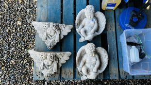 A PAIR OF CHERUB DESIGN STONEWORK WALL POCKETS ALONG WITH PAIR OF ANGEL STONEWORK WALL DECORATIONS.