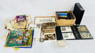 2 X BOXES CONTAINING VINTAGE EPHEMERA, STAMP ALBUMS, COINAGE TO INCLUDE SILVER EXAMPLES, BIBLES ETC.