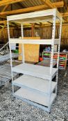A METAL FRAMED FIVE TIER WORKSHOP SHELF UNIT.
