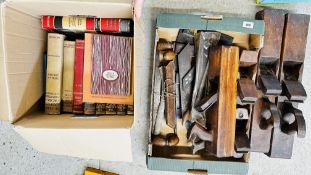 A GROUP OF 5 ANTIQUE CARPENTRY BLOCK PLANES, BRASS INLAID, SQUARES AND SETS, SPIRIT LEVEL,