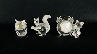 THREE SWAROVSKI CRYSTAL CABINET COLLECTIBLES TO INCLUDE A BEAR AND A CLOCK 7481 NR 000 001,
