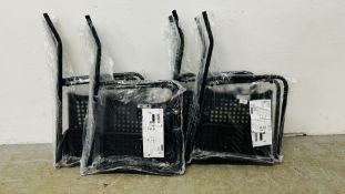 FOUR METAL FRAMED FOLDING CHAIRS IN PACKAGING.