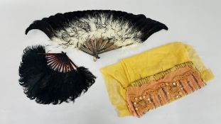 TWO VINTAGE FEATHER FANS AND A FRAGMENT OF A BEADED VINTAGE DRESS SAMPLE.