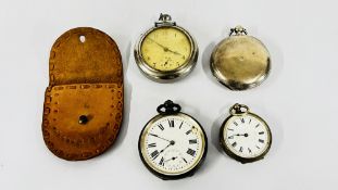 4 X POCKET WATCHES TO INCLUDE 3 SILVER CASED EXAMPLES + AN INGERSOLL EXAMPLE.